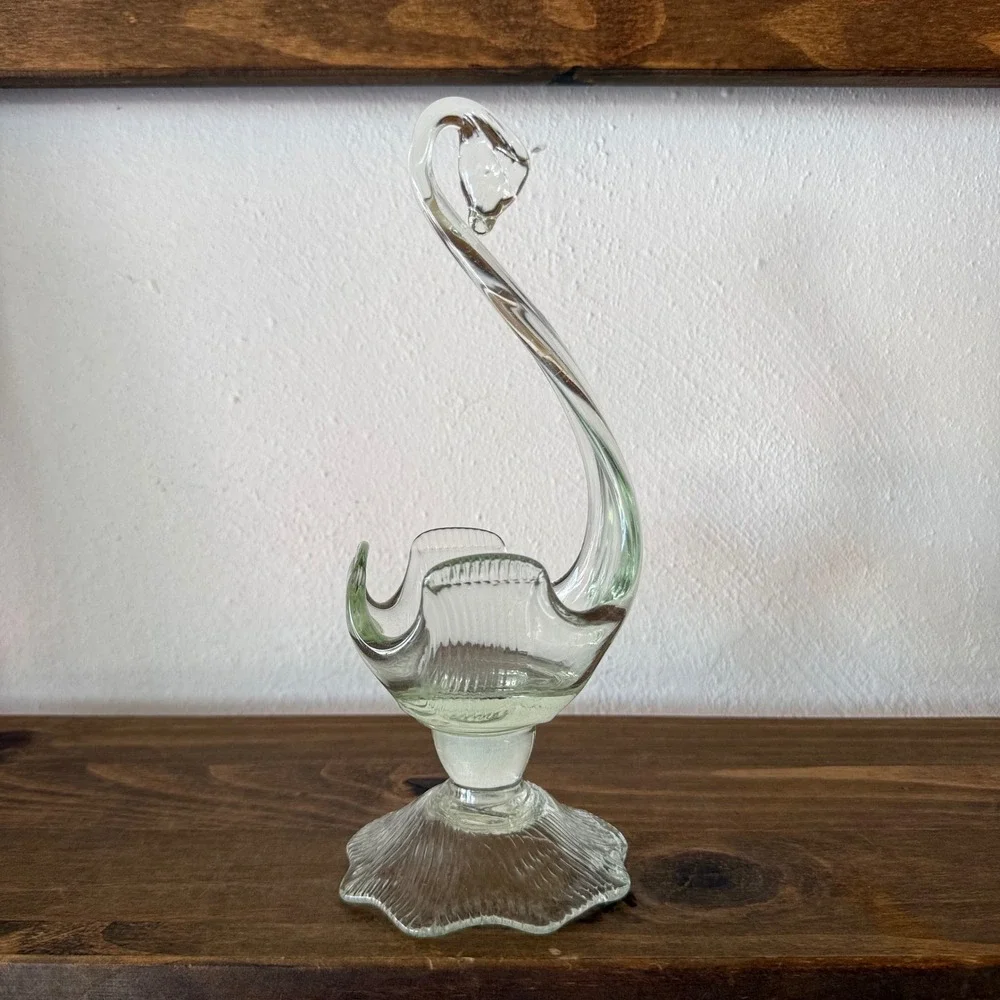 Vintage Hand Blown Art Glass Swan Pedestal Bowl Pale Green Tint Ribbed